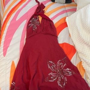 Red Embroidery Tie Up Dress